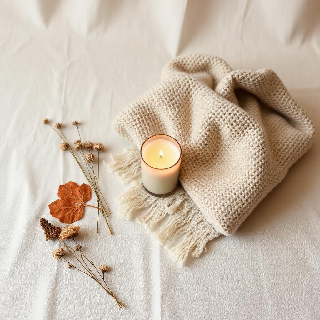 A candle, blanket and dried flowers on linen